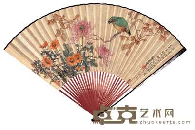 蔡铣 己丑(1949年)作 秋菊幽禽图并行书 成扇